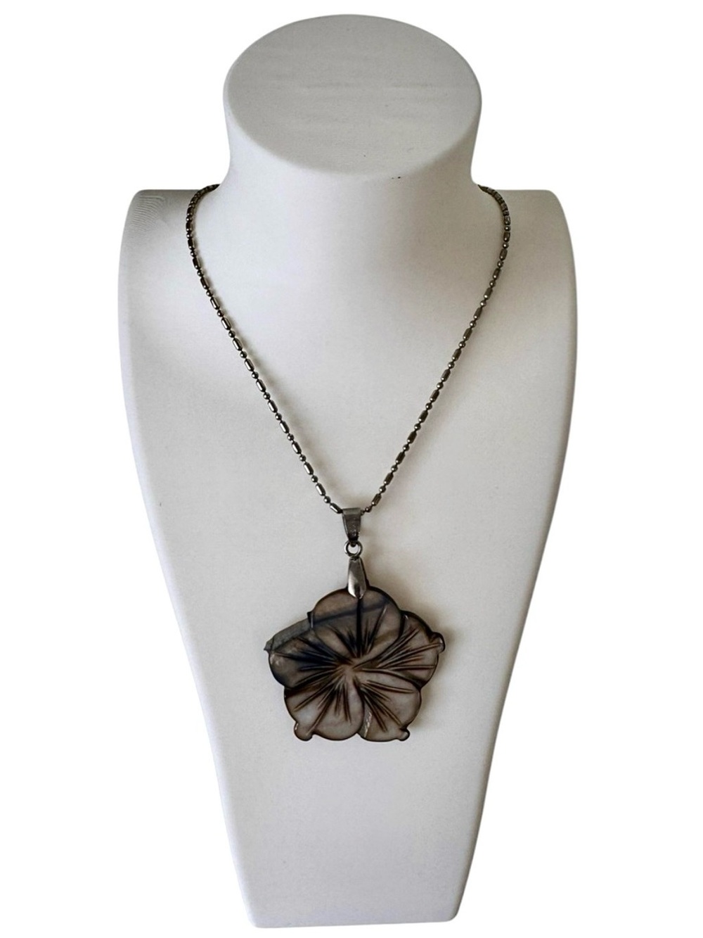 Blue Floral Statement Pendant Necklace Mother of Pearl Look Flower Boho